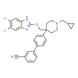ChemSpider 2D Image | 4'-[1-(Cyclopropylmethyl)-4-{[(5,6-dichloro-1H-benzimidazol-2-yl)oxy]methyl}-4-piperidinyl]-3-biphenylcarbonitrile | C30H28Cl2N4O