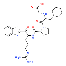ChemSpider 2D Image | N-{(2R)-1-[(2S)-2-({(2S)-1-(1,3-Benzothiazol-2-yl)-5-[(diaminomethylene)amino]-1-oxo-2-pentanyl}carbamoyl)-1-pyrrolidinyl]-3-cyclohexyl-1-oxo-2-propanyl}glycine | C29H41N7O5S