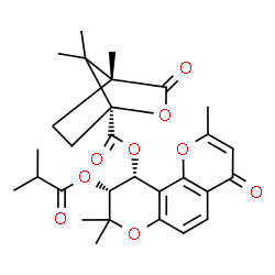 ChemSpider 2D Image | (9R,10R)-9-(Isobutyryloxy)-2,8,8-trimethyl-4-oxo-9,10-dihydro-4H,8H-pyrano[2,3-f]chromen-10-yl (1S,4R)-4,7,7-trimethyl-3-oxo-2-oxabicyclo[2.2.1]heptane-1-carboxylate | C29H34O9