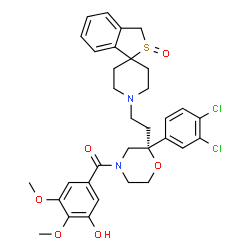 ChemSpider 2D Image | {(2R)-2-(3,4-Dichlorophenyl)-2-[2-(2-oxido-1'H,3H-spiro[2-benzothiophene-1,4'-piperidin]-1'-yl)ethyl]-4-morpholinyl}(3-hydroxy-4,5-dimethoxyphenyl)methanone | C33H36Cl2N2O6S