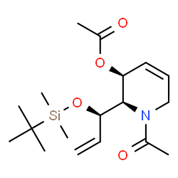 ChemSpider 2D Image | (2R,3S)-1-Acetyl-2-[(1R)-1-{[dimethyl(2-methyl-2-propanyl)silyl]oxy}-2-propen-1-yl]-1,2,3,6-tetrahydro-3-pyridinyl acetate | C18H31NO4Si