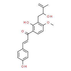 ChemSpider 2D Image | (2E)-1-[2-Hydroxy-3-(2-hydroxy-3-methyl-3-buten-1-yl)-4-methoxyphenyl]-3-(4-hydroxyphenyl)-2-propen-1-one | C21H22O5