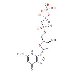 ChemSpider 2D Image | 5-Amino-3-[2-deoxy-5-O-(hydroxy{[hydroxy(phosphonooxy)phosphoryl]oxy}phosphoryl)-beta-D-erythro-pentofuranosyl]-3,4-dihydro-7H-imidazo[4,5-b]pyridin-7-one | C11H17N4O13P3