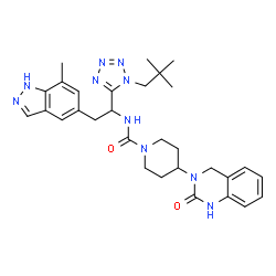 ChemSpider 2D Image | N-{1-[1-(2,2-Dimethylpropyl)-1H-tetrazol-5-yl]-2-(7-methyl-1H-indazol-5-yl)ethyl}-4-(2-oxo-1,4-dihydro-3(2H)-quinazolinyl)-1-piperidinecarboxamide | C30H38N10O2