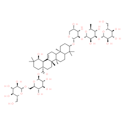 ChemSpider 2D Image | 6-O-beta-D-Glucopyranosyl-1-O-[(3beta,5xi,9xi,19alpha)-3-{[beta-D-glucopyranosyl-(1->3)-6-deoxy-alpha-L-mannopyranosyl-(1->2)-alpha-L-arabinopyranosyl]oxy}-19-hydroxy-28-oxoolean-12-en-28-yl]-beta-D-g
lucopyranose | C59H96O27