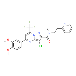 ChemSpider 2D Image | 3-Chloro-5-(3,4-dimethoxyphenyl)-N-methyl-N-[2-(2-pyridinyl)ethyl]-7-(trifluoromethyl)pyrazolo[1,5-a]pyrimidine-2-carboxamide | C24H21ClF3N5O3