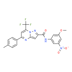 ChemSpider 2D Image | N-(3-Methoxy-5-nitrophenyl)-5-(4-methylphenyl)-7-(trifluoromethyl)pyrazolo[1,5-a]pyrimidine-2-carboxamide | C22H16F3N5O4