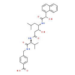 ChemSpider 2D Image | 4-[({N-[(3R,4S)-3-Hydroxy-4-{[hydroxy(1-naphthyl)acetyl]amino}-6-methylheptanoyl]-L-valyl}amino)methyl]benzoic acid | C33H41N3O7