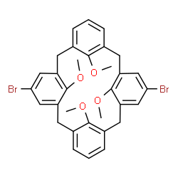 ChemSpider 2D Image | 5,17-Dibromo-25,26,27,28-tetramethoxypentacyclo[19.3.1.1~3,7~.1~9,13~.1~15,19~]octacosa-1(25),3(28),4,6,9(27),10,12,15(26),16,18,21,23-dodecaene | C32H30Br2O4