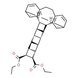 ChemSpider 2D Image | Diethyl (4R,5S,6S,7R,8S,9R,10S,11R,12S,13R,14R,15S)-nonacyclo[16.8.2.0~3,24~.0~4,15~.0~5,14~.0~6,13~.0~7,12~.0~8,11~.0~16,21~]octacosa-1(26),2,16,18,20,24-hexaene-9,10-dicarboxylate | C34H36O4