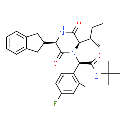 ChemSpider 2D Image | (2R)-2-[(2R,5R)-2-[(2S)-2-Butanyl]-5-(2,3-dihydro-1H-inden-2-yl)-3,6-dioxo-1-piperazinyl]-2-(2,4-difluorophenyl)-N-(2-methyl-2-propanyl)acetamide | C29H35F2N3O3