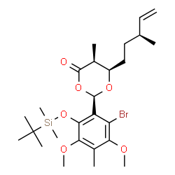 ChemSpider 2D Image | (2R,5S,6R)-2-(2-Bromo-6-{[dimethyl(2-methyl-2-propanyl)silyl]oxy}-3,5-dimethoxy-4-methylphenyl)-5-methyl-6-[(3S)-3-methyl-4-penten-1-yl]-1,3-dioxan-4-one | C26H41BrO6Si