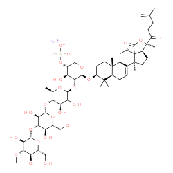 ChemSpider 2D Image | Sodium (3beta)-18,22-dioxo-18,20-epoxylanosta-7,25-dien-3-yl 3-O-methyl-beta-D-glucopyranosyl-(1->3)-beta-D-glucopyranosyl-(1->4)-6-deoxy-beta-D-glucopyranosyl-(1->2)-4-O-sulfonato-beta-D-xylopyranosi
de | C54H83NaO25S