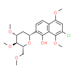 ChemSpider 2D Image | (1R)-1,5-Anhydro-1-(7-chloro-1-hydroxy-5,8-dimethoxy-2-naphthyl)-2-deoxy-3,4,6-tri-O-methyl-D-arabino-hexitol | C21H27ClO7