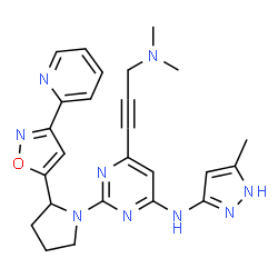 ChemSpider 2D Image | 6-[3-(Dimethylamino)-1-propyn-1-yl]-N-(5-methyl-1H-pyrazol-3-yl)-2-{2-[3-(2-pyridinyl)-1,2-oxazol-5-yl]-1-pyrrolidinyl}-4-pyrimidinamine | C25H27N9O