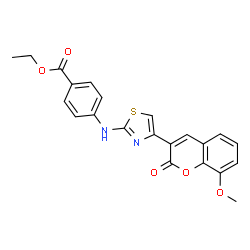 ChemSpider 2D Image | Ethyl 4-{[4-(8-methoxy-2-oxo-2H-chromen-3-yl)-1,3-thiazol-2-yl]amino}benzoate | C22H18N2O5S
