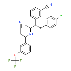 ChemSpider 2D Image | 3-[(2S,3S)-1-(4-Chlorophenyl)-3-({2-cyano-1-[3-(trifluoromethoxy)phenyl]ethyl}amino)-2-butanyl]benzonitrile | C27H23ClF3N3O