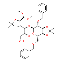 ChemSpider 2D Image | (2R,3R)-3-({(3aS,4R,6S,7R,7aS)-7-(Benzyloxy)-4-[(benzyloxy)methyl]-2,2-dimethyltetrahydro-4H-[1,3]dioxolo[4,5-c]pyran-6-yl}oxy)-3-[(4S,5R)-5-(dimethoxymethyl)-2,2-dimethyl-1,3-dioxolan-4-yl]-1,2-propa
nediol | C34H48O12