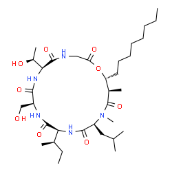 ChemSpider 2D Image | (6S,9S,12S,15S,18R,19R)-12-[(2R)-2-Butanyl]-6-[(1S)-1-hydroxyethyl]-9-(hydroxymethyl)-15-isobutyl-16,18-dimethyl-19-octyl-1-oxa-4,7,10,13,16-pentaazacyclononadecane-2,5,8,11,14,17-hexone | C34H61N5O9
