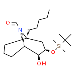 ChemSpider 2D Image | (1R,3R,4S,5S)-3-{[Dimethyl(2-methyl-2-propanyl)silyl]oxy}-4-hydroxy-1-pentyl-9-azabicyclo[3.3.1]nonane-9-carbaldehyde | C20H39NO3Si