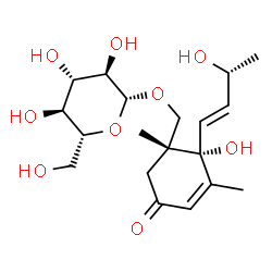 ChemSpider 2D Image | {(1R,2R)-2-Hydroxy-2-[(1E,3R)-3-hydroxy-1-buten-1-yl]-1,3-dimethyl-5-oxo-3-cyclohexen-1-yl}methyl beta-D-glucopyranoside | C19H30O9