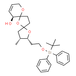 ChemSpider 2D Image | (2R,3R,12S)-3-Methyl-2-(2-{[(2-methyl-2-propanyl)(diphenyl)silyl]oxy}ethyl)-1,6,8-trioxadispiro[4.1.5.2]tetradec-10-en-12-ol | C30H40O5Si