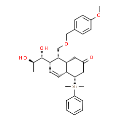 ChemSpider 2D Image | (4S,4aR,7S,8R,8aS)-7-[(1R,2R)-1,2-Dihydroxypropyl]-4-[dimethyl(phenyl)silyl]-8-{[(4-methoxybenzyl)oxy]methyl}-3,4,4a,7,8,8a-hexahydro-2(1H)-naphthalenone | C30H40O5Si