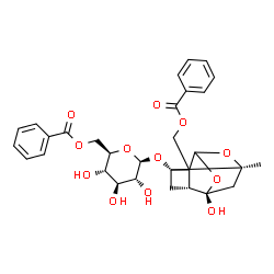 ChemSpider 2D Image | {(3R,5R,6R,8S)-3-[(6-O-Benzoyl-beta-D-glucopyranosyl)oxy]-6-hydroxy-8-methyl-9,10-dioxatetracyclo[4.3.1.0~2,5~.0~3,8~]dec-2-yl}methyl benzoate | C30H32O12