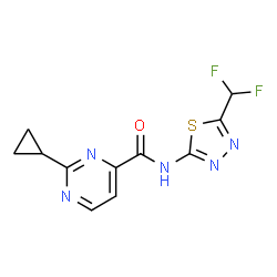 ChemSpider 2D Image | 2-Cyclopropyl-N-[5-(difluoromethyl)-1,3,4-thiadiazol-2-yl]-4-pyrimidinecarboxamide | C11H9F2N5OS