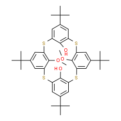 ChemSpider 2D Image | 26,28-Dimethoxy-5,11,17,23-tetrakis(2-methyl-2-propanyl)-2,8,14,20-tetrathiapentacyclo[19.3.1.1~3,7~.1~9,13~.1~15,19~]octacosa-1(25),3(28),4,6,9(27),10,12,15(26),16,18,21,23-dodecaene-25,27-diol | C42H52O4S4