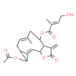 ChemSpider 2D Image | (6E,10Z)-9-Acetoxy-6,10-dimethyl-3-methylene-2-oxo-2,3,3a,4,5,8,9,11a-octahydrocyclodeca[b]furan-4-yl (2E)-4-hydroxy-2-methyl-2-butenoate | C22H28O7