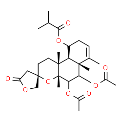 ChemSpider 2D Image | (3S,4aR,6aR,10R,10aS,10bR)-5,6-Diacetoxy-4a,6a,7,10b-tetramethyl-5'-oxo-1,2,4',4a,5,5',6,6a,9,10,10a,10b-dodecahydrospiro[benzo[f]chromene-3,3'-furan]-10-yl 2-methylpropanoate | C28H40O9
