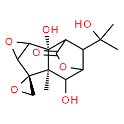 ChemSpider 2D Image | (2R,6R,7R)-2,8-Dihydroxy-12-(2-hydroxy-2-propanyl)-7-methyl-11H-spiro[4,10-dioxatetracyclo[7.2.1.0~2,7~.0~3,5~]dodecane-6,2'-oxiran]-11-one | C15H20O7