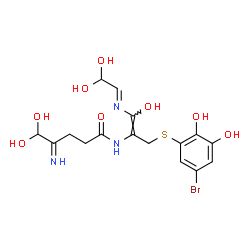 ChemSpider 2D Image | N-{(1E)-3-[(5-Bromo-2,3-dihydroxyphenyl)sulfanyl]-1-[(E)-(2,2-dihydroxyethylidene)amino]-1-hydroxy-1-propen-2-yl}-5,5-dihydroxy-4-iminopentanamide | C16H20BrN3O8S
