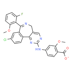 ChemSpider 2D Image | 4-{[9-Chloro-7-(2-fluoro-6-methoxyphenyl)-5H-pyrimido[5,4-d][2]benzazepin-2-yl]amino}-2-methoxybenzoate | C27H19ClFN4O4