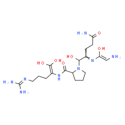 ChemSpider 2D Image | 1-[(2E)-5-Amino-2-{[(Z)-2-amino-1-hydroxyvinyl]imino}-1-hydroxy-5-oxopentyl]-N-{5-[(diaminomethylene)amino]-1,1-dihydroxy-1-penten-2-yl}prolinamide | C18H32N8O6