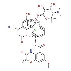 ChemSpider 2D Image | (1R,7S,12R)-7-Amino-4-chloro-20-{[(2S,3R,4R,5S)-5-(dimethylamino)-3,4-dihydroxy-6,6-dimethyltetrahydro-2H-pyran-2-yl]oxy}-25-hydroxy-9-oxo-2,10-dioxatetracyclo[11.7.3.2~3,6~.0~16,20~]pentacosa-3,5,13(
23),16,18,24-hexaene-14,21-diyn-12-yl 7-methoxy-2-methylene-3-oxo-3,4-dihydro-2H-1,4-benzoxazine-5-carboxylate (non-preferred name) | C43H42ClN3O13