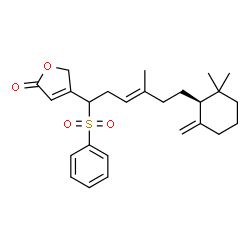 ChemSpider 2D Image | 4-[(3E)-6-[(1S)-2,2-Dimethyl-6-methylenecyclohexyl]-4-methyl-1-(phenylsulfonyl)-3-hexen-1-yl]-2(5H)-furanone | C26H34O4S