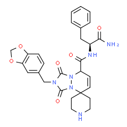 ChemSpider 2D Image | N-[(2S)-1-Amino-1-oxo-3-phenyl-2-propanyl]-2'-(1,3-benzodioxol-5-ylmethyl)-1',3'-dioxo-2',3'-dihydro-1'H,8'H-spiro[piperidine-4,5'-[1,2,4]triazolo[1,2-a]pyridazine]-8'-carboxamide | C28H30N6O6