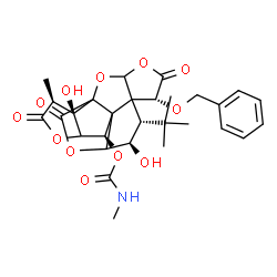 ChemSpider 2D Image | (6R,8S,9R,12R,16S,17R)-6-(Benzyloxy)-9,17-dihydroxy-16-methyl-8-(2-methyl-2-propanyl)-5,15,18-trioxo-2,4,14,19-tetraoxahexacyclo[8.7.2.0~1,11~.0~3,7~.0~7,11~.0~13,17~]nonadec-12-yl methylcarbamate | C29H33NO12