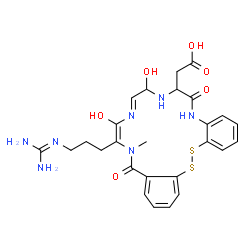 ChemSpider 2D Image | [(10E,12E)-13-{3-[(Diaminomethylene)amino]propyl}-9,12-dihydroxy-14-methyl-6,15-dioxo-6,7,8,9,14,15-hexahydro-5H-dibenzo[c,p][1,2,5,8,11,14]dithiatetraazacycloheptadecin-7-yl]acetic acid | C26H31N7O6S2