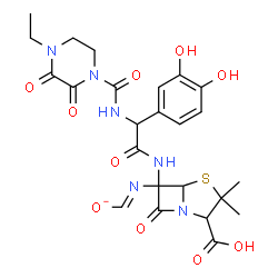 ChemSpider 2D Image | N-(2-Carboxy-6-{[(3,4-dihydroxyphenyl){[(4-ethyl-2,3-dioxo-1-piperazinyl)carbonyl]amino}acetyl]amino}-3,3-dimethyl-7-oxo-4-thia-1-azabicyclo[3.2.0]hept-6-yl)imidoformate | C24H27N6O10S