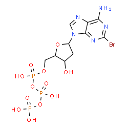 ChemSpider 2D Image | 2-Bromo-9-[2-deoxy-5-O-(hydroxy{[hydroxy(phosphonooxy)phosphoryl]oxy}phosphoryl)pentofuranosyl]-9H-purin-6-amine | C10H15BrN5O12P3