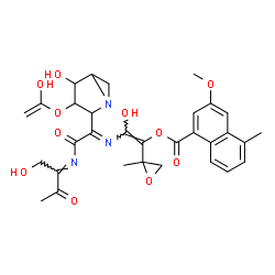 ChemSpider 2D Image | (Z)-2-Hydroxy-2-[(E)-(1-{4-hydroxy-3-[(1-hydroxyvinyl)oxy]-1-azabicyclo[3.1.0]hex-2-yl}-2-[(E)-(1-hydroxy-3-oxo-2-butanylidene)amino]-2-oxoethylidene)amino]-1-(2-methyl-2-oxiranyl)vinyl 3-methoxy-5-me
thyl-1-naphthoate | C31H33N3O11