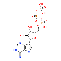 ChemSpider 2D Image | 1,4-Anhydro-5-O-(hydroxy{[hydroxy(phosphonooxy)phosphoryl]oxy}phosphoryl)-1-(4-imino-4,7-dihydro-3H-pyrrolo[3,2-d]pyrimidin-7-yl)pentitol | C11H17N4O13P3