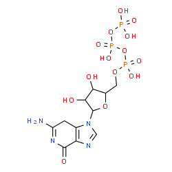 ChemSpider 2D Image | 6-Amino-1-[5-O-(hydroxy{[hydroxy(phosphonooxy)phosphoryl]oxy}phosphoryl)pentofuranosyl]-1,7-dihydro-4H-imidazo[4,5-c]pyridin-4-one | C11H17N4O14P3