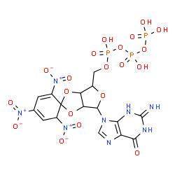 ChemSpider 2D Image | 9-[5-O-(Hydroxy{[hydroxy(phosphonooxy)phosphoryl]oxy}phosphoryl)-2,3-O-(2,4,6-trinitro-2,4-cyclohexadiene-1,1-diyl)pentofuranosyl]-2-imino-1,2,3,9-tetrahydro-6H-purin-6-one | C16H17N8O20P3