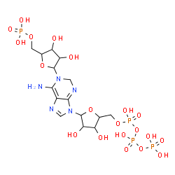 ChemSpider 2D Image | 9-[5-O-(Hydroxy{[hydroxy(phosphonooxy)phosphoryl]oxy}phosphoryl)pentofuranosyl]-1-(5-O-phosphonopentofuranosyl)-2,9-dihydro-1H-purin-6-amine | C15H27N5O20P4
