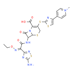 ChemSpider 2D Image | 4-{2-[(7-{[(2Z)-2-(5-Amino-1,2,4-thiadiazol-3-yl)-2-(ethoxyimino)acetyl]amino}-2-carboxy-8-oxo-5-thia-1-azabicyclo[4.2.0]oct-2-en-3-yl)sulfanyl]-1,3-thiazol-4-yl}-1-methylpyridinium | C22H21N8O5S4