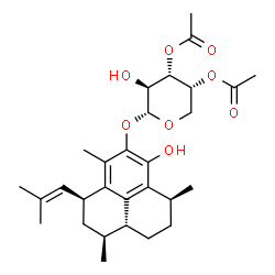 ChemSpider 2D Image | (1S,3S,7S,9aR)-6-Hydroxy-1,4,7-trimethyl-3-(2-methyl-1-propen-1-yl)-2,3,7,8,9,9a-hexahydro-1H-phenalen-5-yl 3,4-di-O-acetyl-alpha-D-arabinopyranoside | C29H40O8